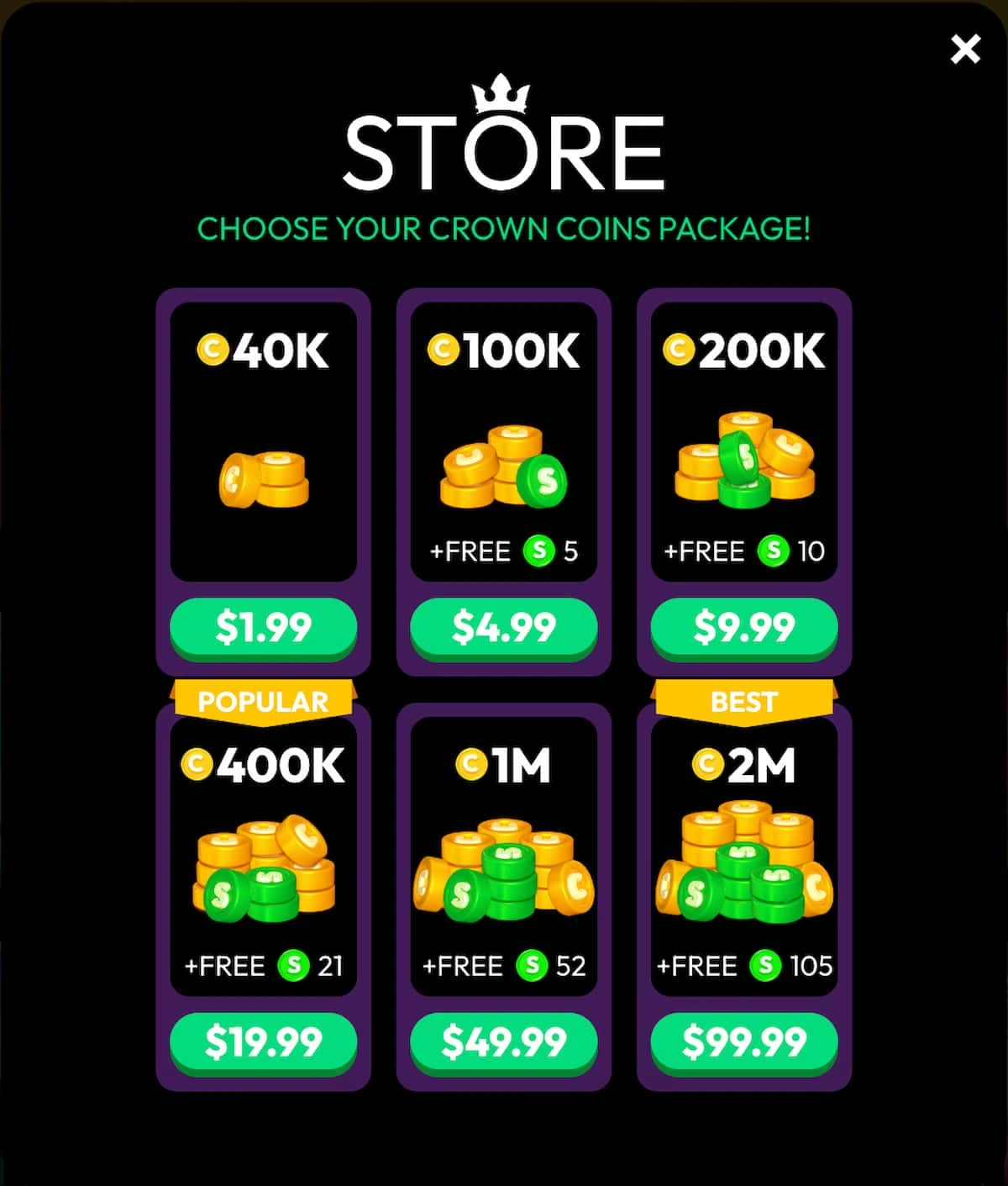 Gold coin packages and their pricing