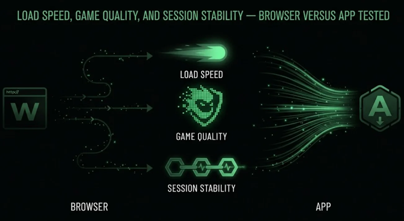 Load speed, game quality, and session stability — browser versus app tested