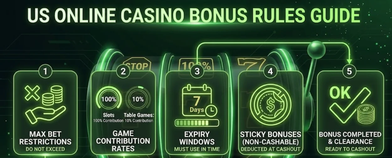 Max bet restrictions, game contribution rates, expiry windows, and sticky bonuses