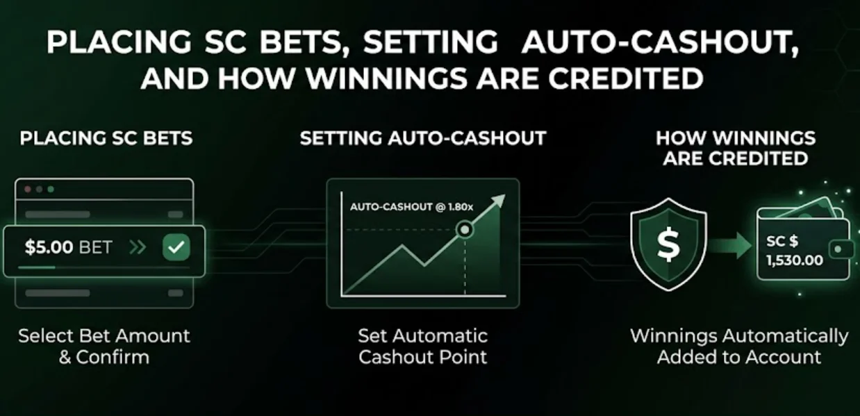 Placing SC bets, setting auto-cashout, and how winnings are credited