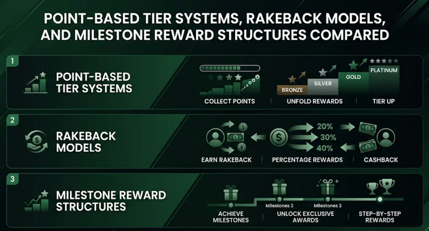 Point-based tier systems, rakeback models, and milestone reward structures compared
