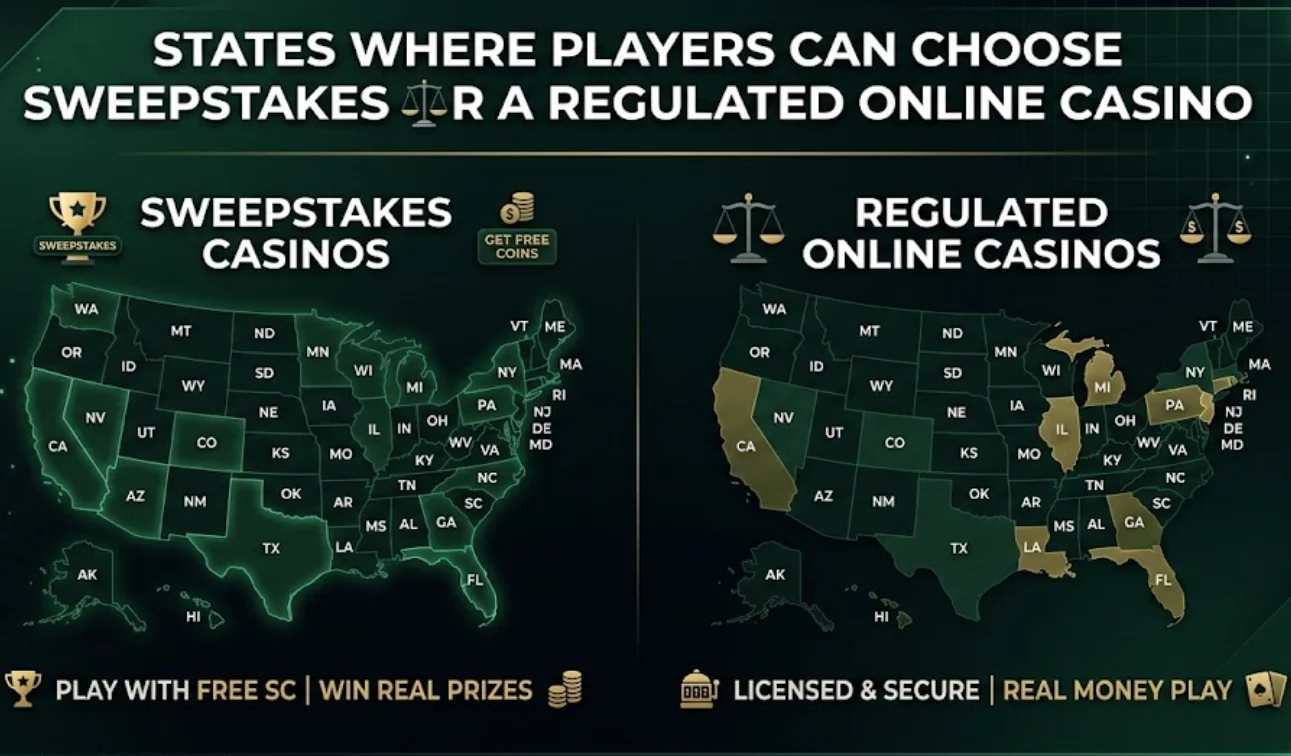 States where players can choose sweepstakes or a regulated online casino 