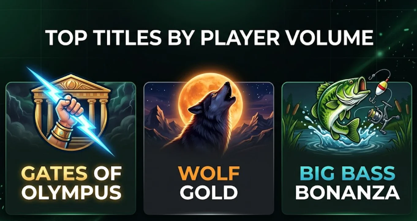 Top titles by player volume — Gates of Olympus, Wolf Gold, and Big Bass Bonanza