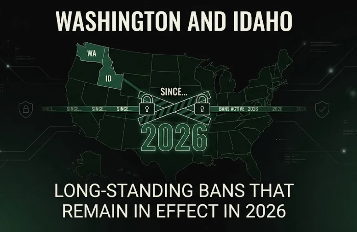 Washington and Idaho — long-standing bans that remain in effect in 2026 