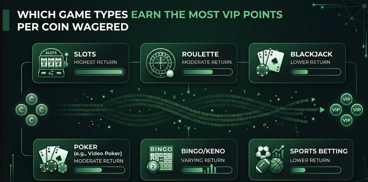 Which game types earn the most VIP points per coin wagered